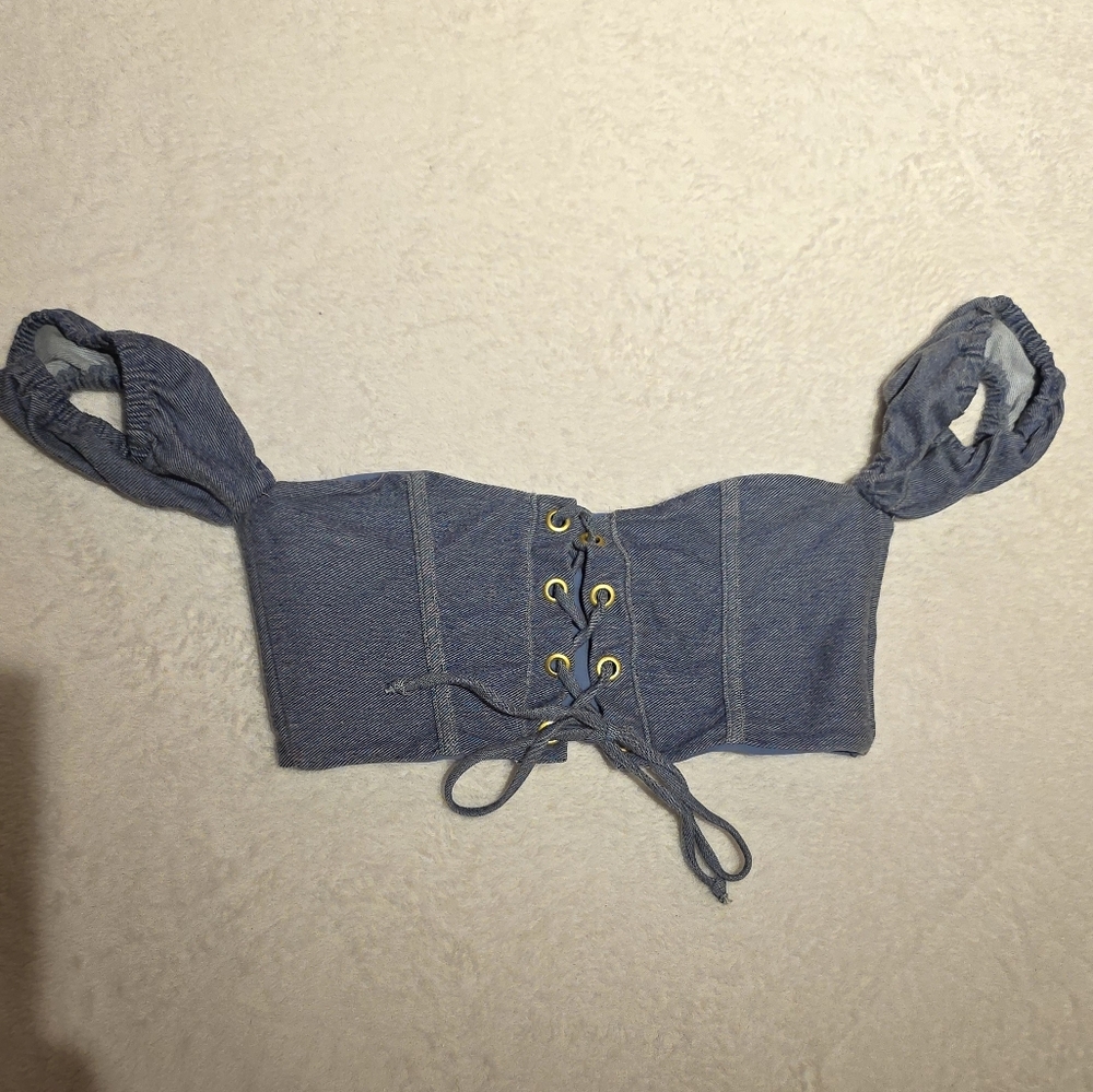 Beach Bunny Chanel Iman Denim Lace Up Sexy Bikini Top Only - Picture 2 of 4